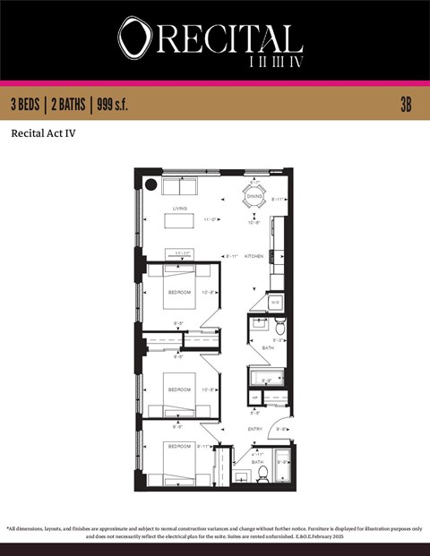 Floor plan for 3 beds, 2 baths, 999 sqft